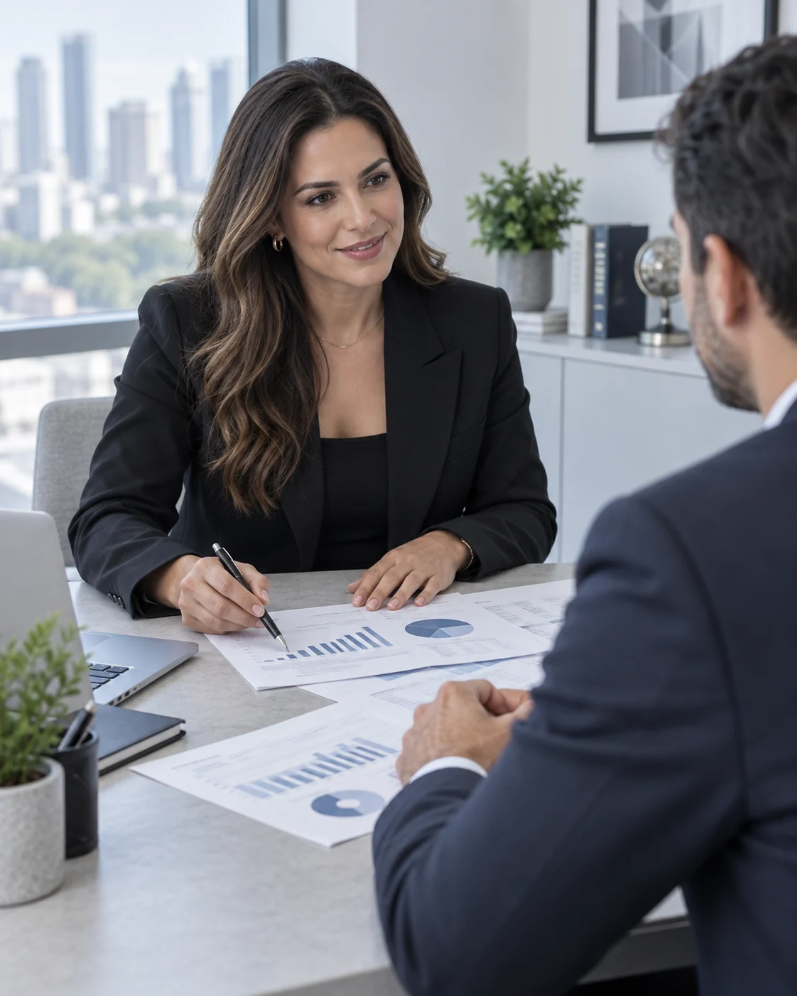 Consultora analisando informações financeiras com um cliente